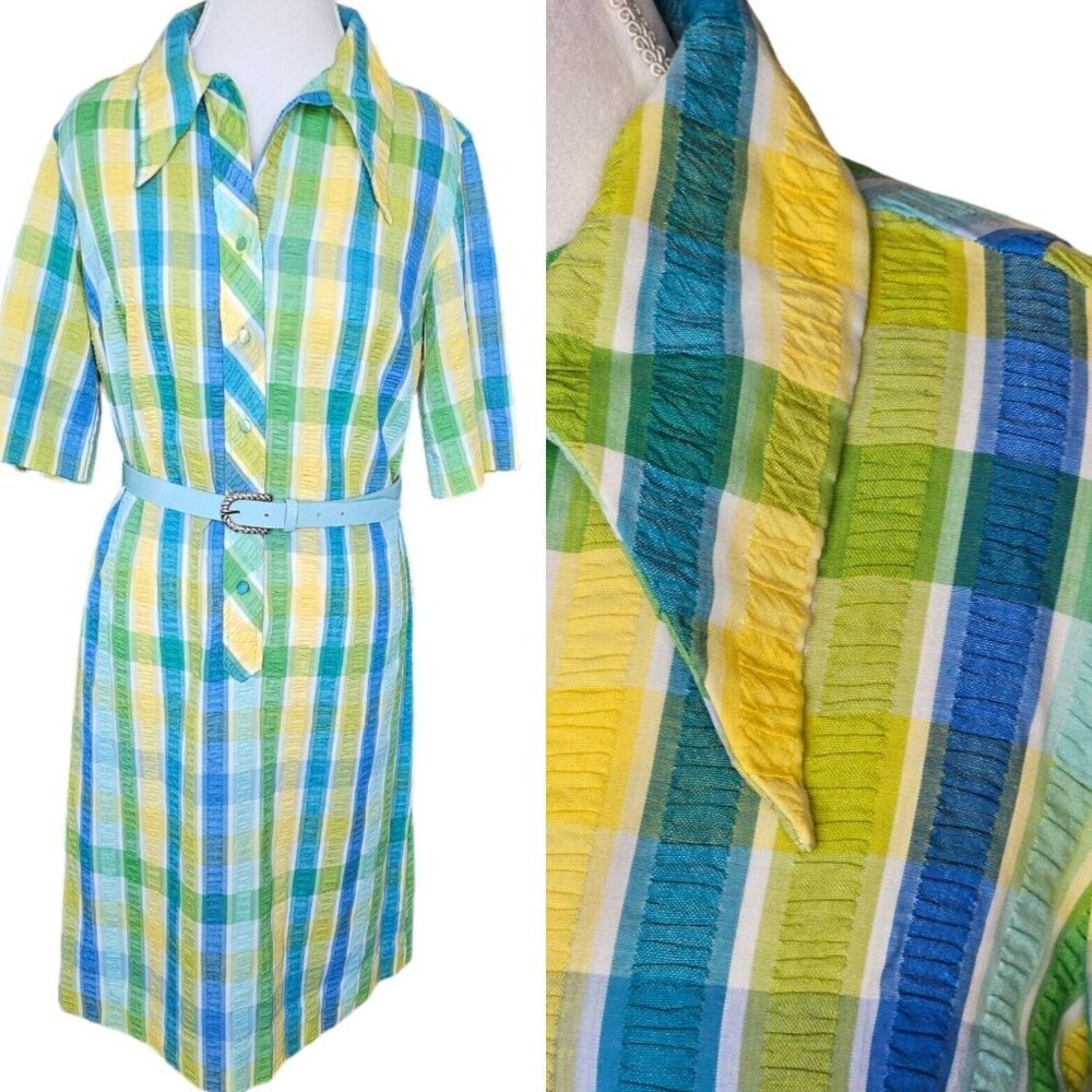 Vintage 70s M/L Bright Plaid Casual Belted Dress‎ Pointed Collar Bright Green